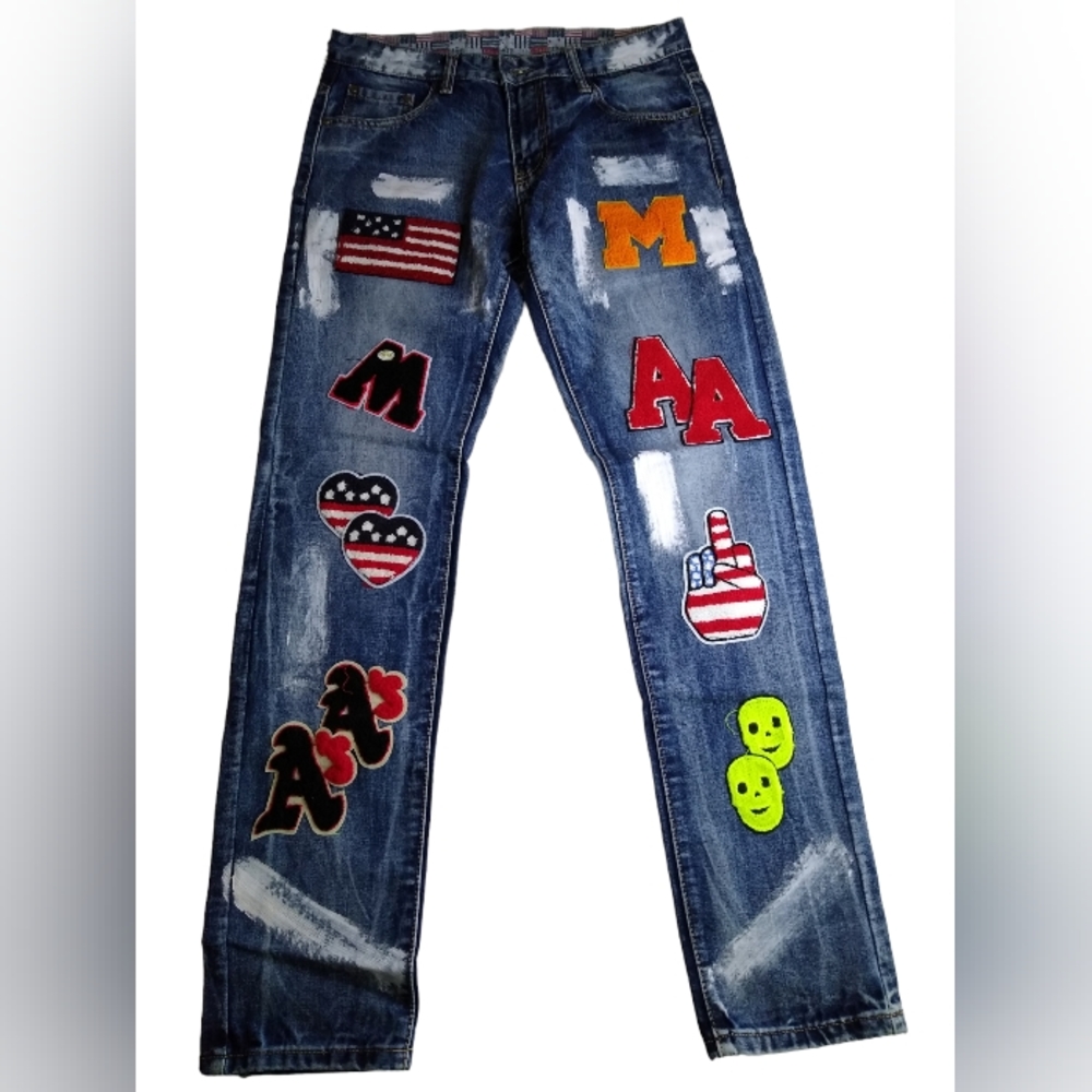 Men's Straight Slim Fit Patchwork Jeans